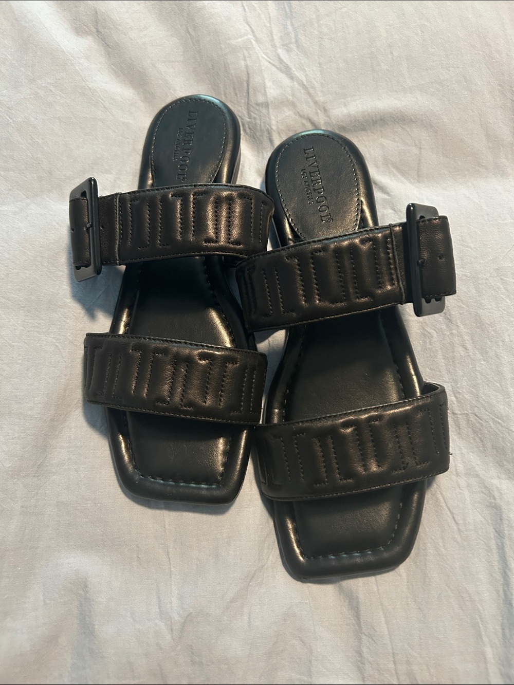 Liverpool Black Quilted Double-Strap Slide Sandals